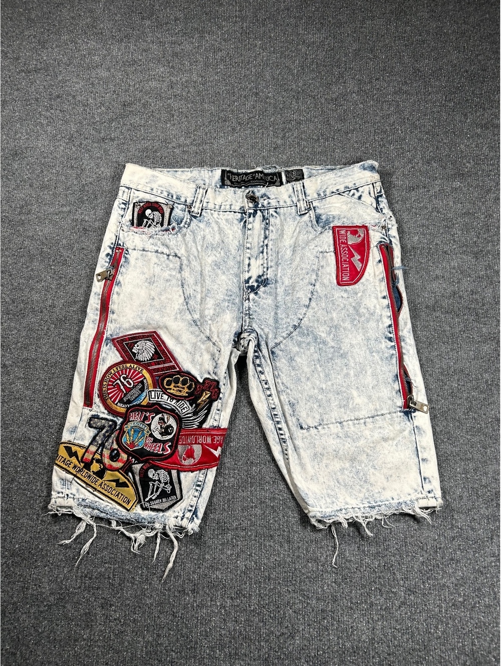 Heritage America Acid Wash Denim Shorts with Patchwork and Zipper Details
